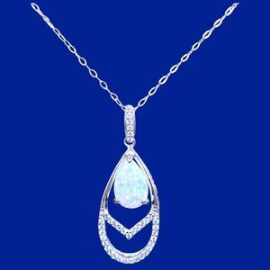 Sterling Silver 925 Pear Teardrop Opal Pendant and 18” Chain Necklace 3.8g